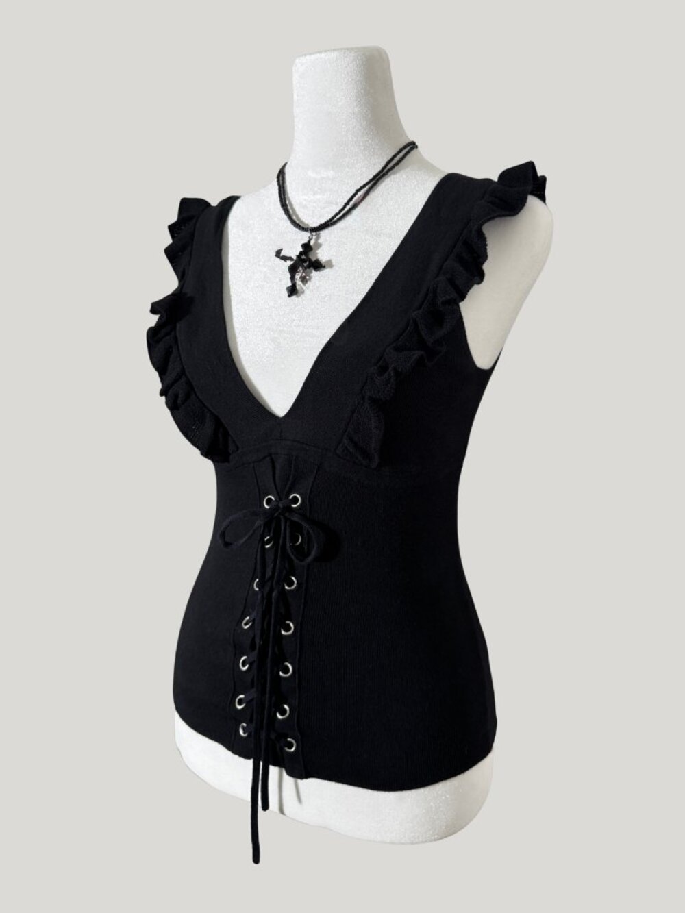 Express Black Lace-Up Corset Knit Top Women's Size Small | Dark Coquette Goth